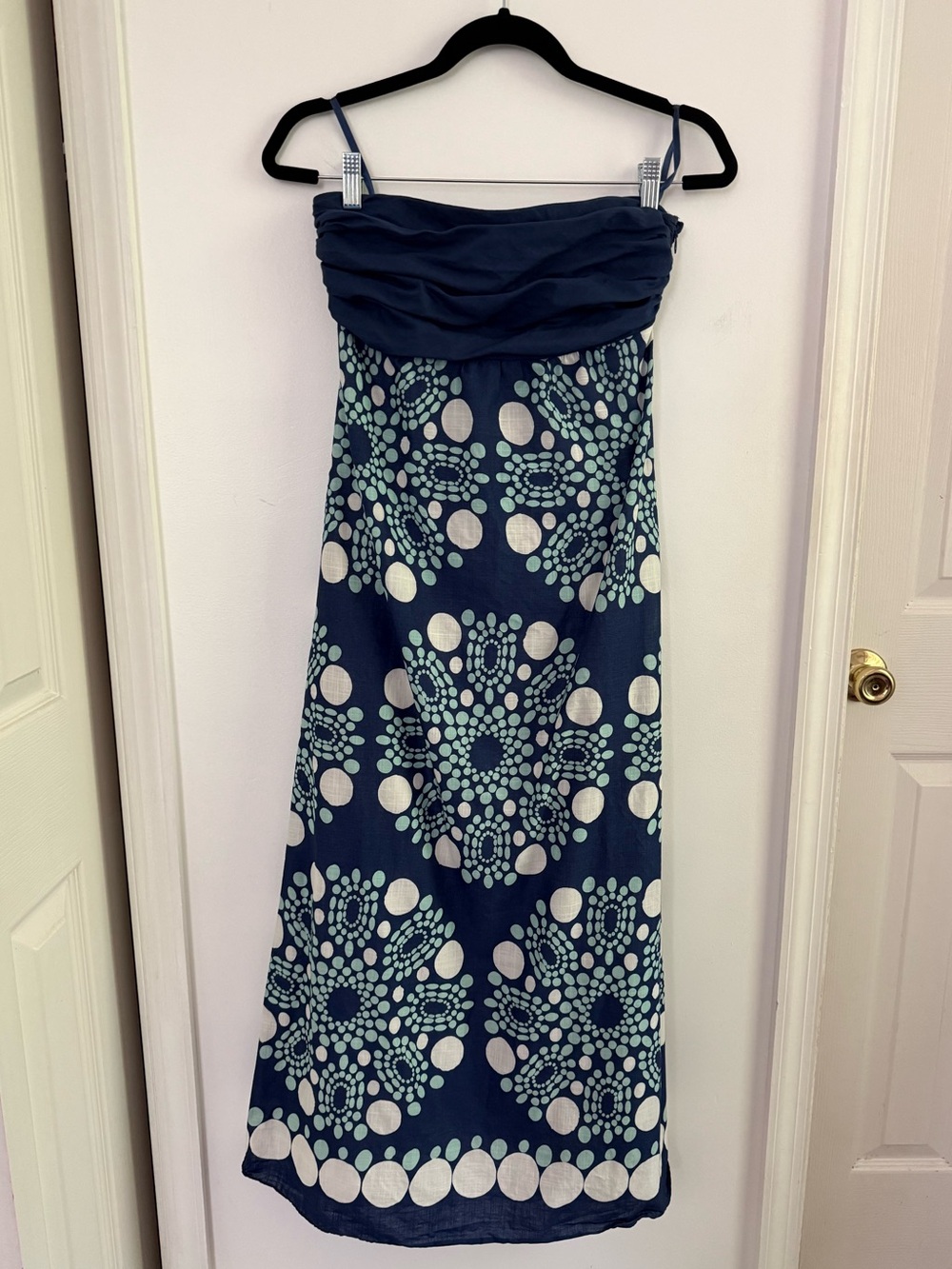 Maeve Navy Strapless Maxi Dress with Aqua & White Medallion Print Size 2